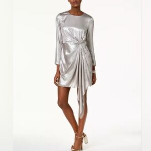 Bardot Silver Asymmetrical Wrap Dress Long Sleeve Cocktail
